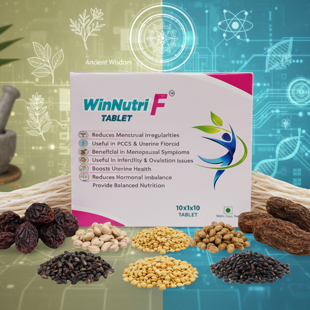 WinNutri F Tablet Female Health Formula "Empowering Women Wellness"  Key Benefits ✓ Helpful in PCOD treatment ✓ Menstrual health & PMS relief ✓ Fertility support ✓ Overall female health Key Ingredients Herbal women health blend with lotus seed and shatavari  Applications Menstrual irregularities, perimenopausal symptoms, PCOD, infertility  Quantity 30 Tablets