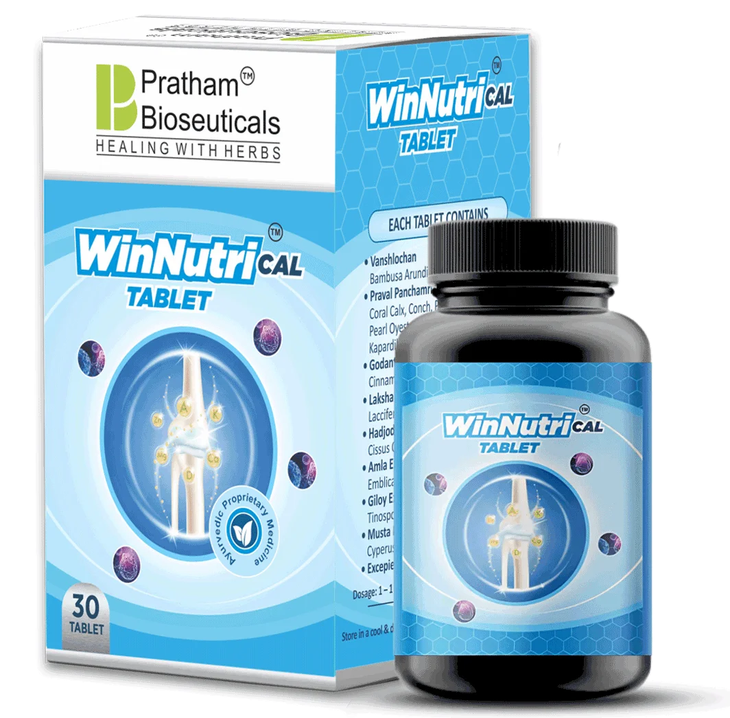 WinNutri Cal TabletWinNutri Cal Tablet is designed to support skeletal integrity and bone mineral homeostasis. The formulation supplies bioavailable calcium complexes along with supportive cofactors involved in bone matrix formation. Botanical and mineral constituents assist fracture recovery and connective tissue restoration. The tablet supports osteoblastic activity while assisting regulation of bone resorption mechanisms. Additional components contribute to joint strength and ligament support...