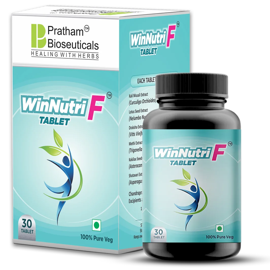 WinNutri F TabletWinNutri F Tablet is formulated to support female reproductive physiology across multiple life stages. The composition applies standardized botanical biomolecules that assist menstrual cycle regulation, endocrine stability, and metabolic balance. The formulation supports ovarian function and uterine tone while addressing insulin sensitivity associated with PCOS related conditions. Active constituents assist thermoregulatory stability and neuroendocrine balance during menopausal transition...